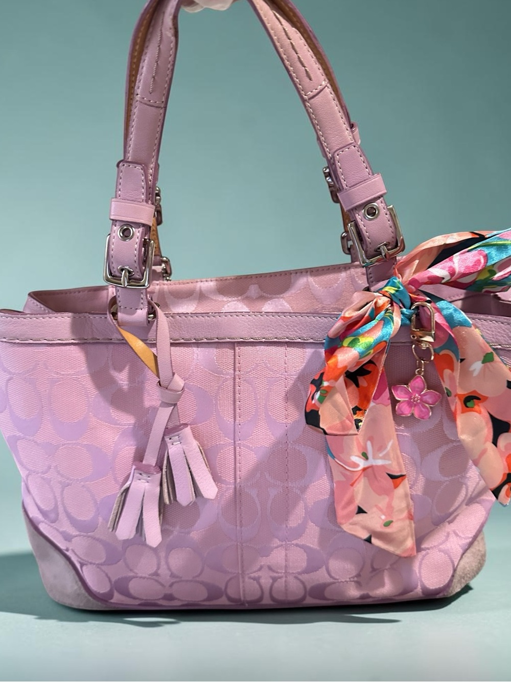 Coach Pink Signature Jacquard Tote with Floral Scarf Accent - Picture 2 of 15